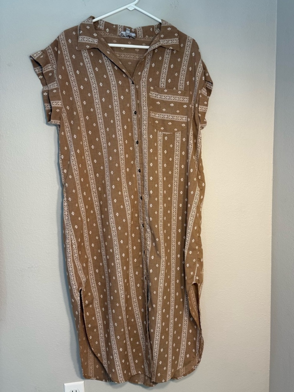 Boho Western Geometric Pattern Shirt Dress Mocha S festival urban chic
